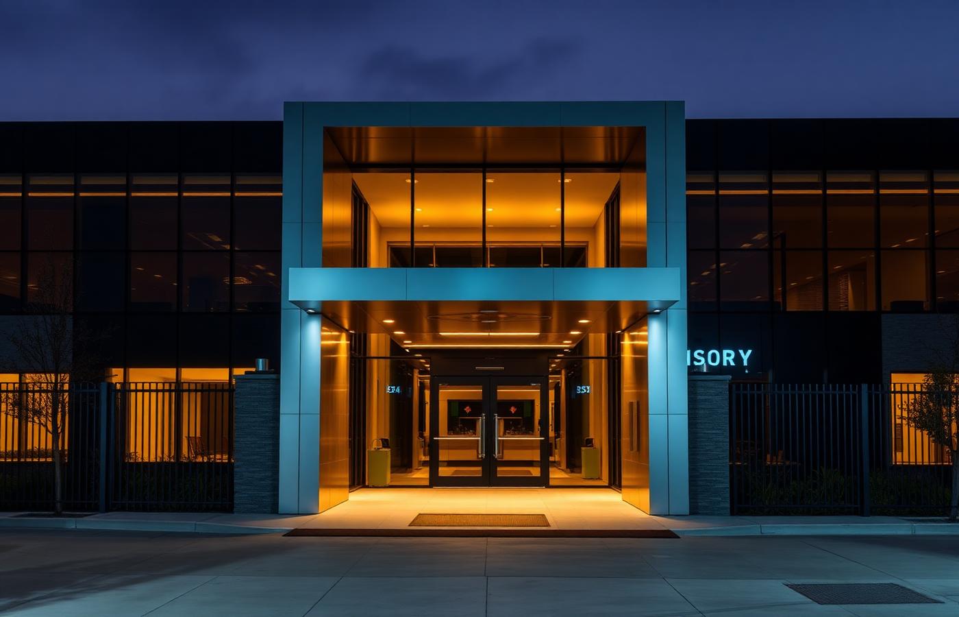 Modern corporate facility at night with controlled entrance
